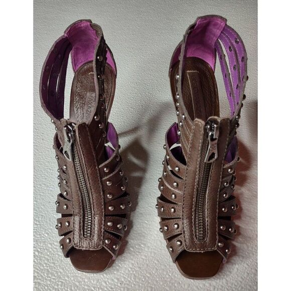 BCBG Brown Leather Studded Zip-front Peep Toe Heels Size 6B - Picture 2 of 15